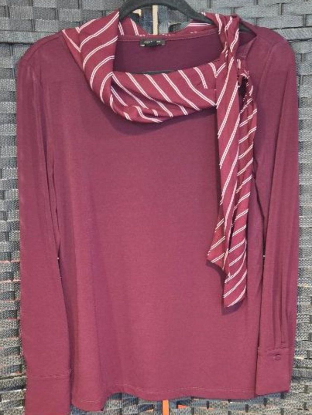 Ann Taylor Burgundy Long Sleeve Blouse Attached Striped Tie-Neck Scarf